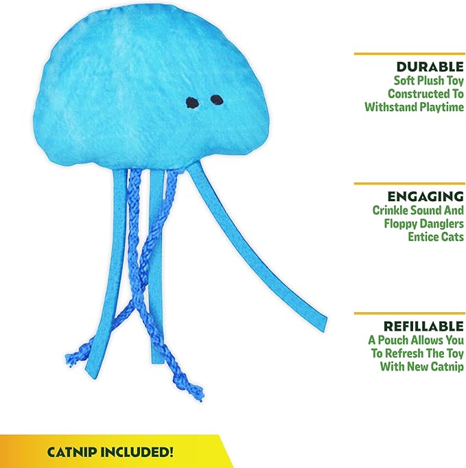 ZOOMIE Jelly Fish - Refillable Catnip Toy + Catnip | High Potency Hand Harvested Fresh Catnip | Soft Plush for Engaging Play