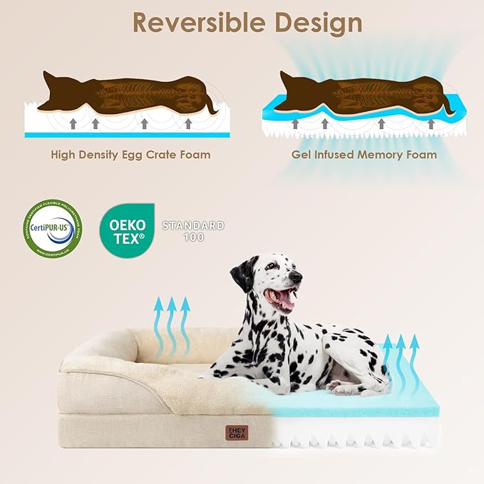 EHEYCIGA Memory Foam XL Dog Bed for XLarge Sized, Extra Large Orthopedic Dog Sofa with Sides and Waterproof Liner, Washable Bolster Pet Couch with Removable Cover, 48x35x7.5 Inch, Beige