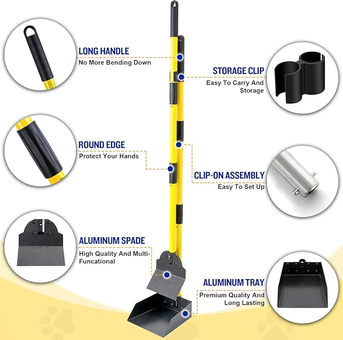Dog Pooper Scooper,Tray and Spade Set Poop Scooper for Dogs, Adjustable Long Handle Metal Pooper Scooper with Bin for Pet Waste Removal, No Bending Clean Up for Medium and Large Dogs