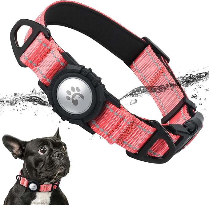 TagME Airtag Dog Collar,Waterproof Reflective Pet Collar with Airtag Holder,Soft Padded and Double D-Rings for Puppy,Baby Pink