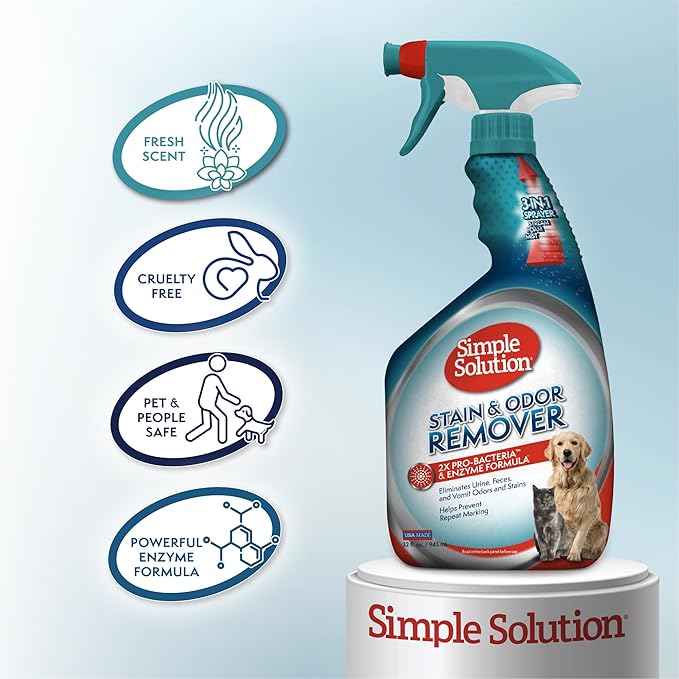 Simple Solution Stain and Odor Eliminator Spray, Pee Stain Remover, Enzyme Carpet Cleaner, Dog Smell Remover for Carpets, Dog Odor Remover, 32 oz (Pack of 2)