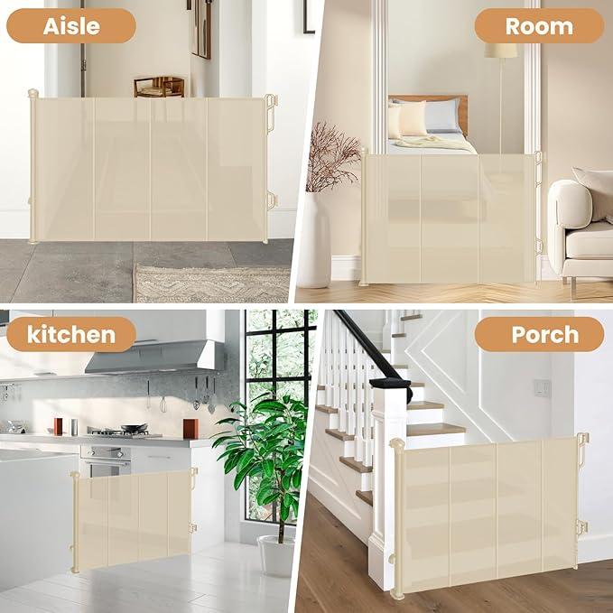 Reinforced Retractable Baby Gate or Mesh Dog Gate,Easy to Use for Stairs, Doorways, Hallways, Indoor, Outdoor, Wide Pet Gate 33.5" Tall, Extends to 55" Wide, Cream