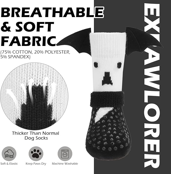 EXPAWLORER Halloween Anti Slip Dog Socks to Prevent Licking Paws, Boots & Paw Protectors with Grippers,Doggie Booties for Hardwood Floors for Small Medium Large Senior Dogs Costume White Ghost Wings L