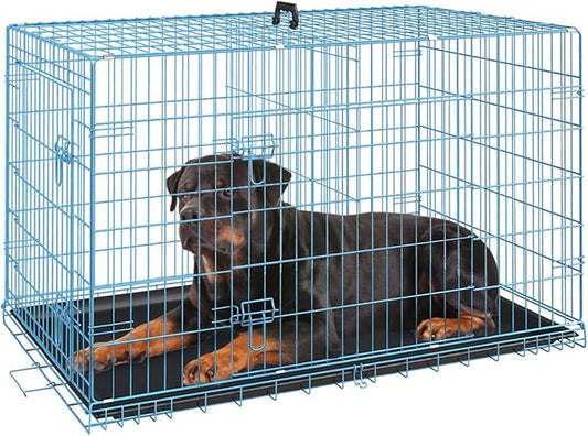 FDW Dog Crate for Large Dogs 42 Inch Folding Metal WirePet Cage Double Door W/Divider Panel Indoor Outdoor Kennel Leak-Proof Plastic Tray,Blue