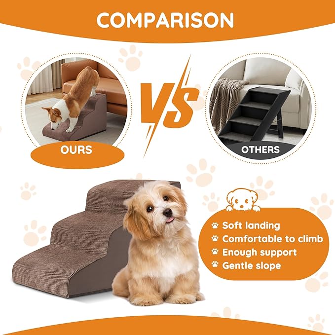 Dogs Steps for Bed, Dog Stairs for Small Dogs, 4-Step Dog Ramp for Bed, Couch, Sofa, and Chairs, Non-Slip Bottom Design, Cat Scratching, High Density Foam Portable Pet Step, Indoor, Coffee