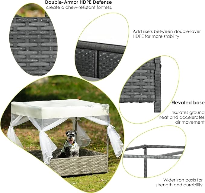 Wicker Dog House Outdoor Indoor with Canopy, Weatherproof Outside Dog Shelter Bed with Cushion, 4Sided Mesh Windows, Pet House Tent Shade for Small Medium Dogs, Rattan Dog Cot for Patio Yard Gray