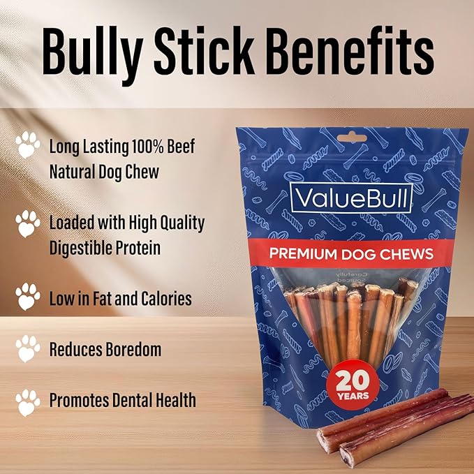 ValueBull Bully Sticks for Large Dogs, Jumbo 6 Inch, 50 Count - All Natural, Grass Fed, Single Ingredient, Long Lasting Dog Treats for Aggressive Chewers