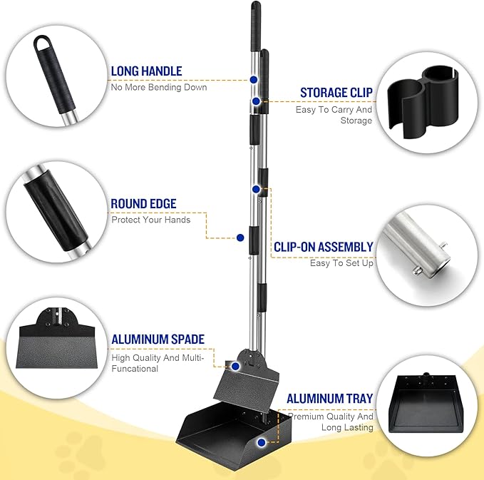 Pooper Scooper for Large Dogs, Adjustable Long Handle Metal Tray and Spade Poop Scooper for Dogs with Bin for Pet Waste Removal, No Bending Clean Up Pooper Scooper for Medium and Large Dogs