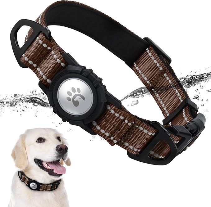 TagME Airtag Dog Collar,Waterproof Reflective Pet Collar with Airtag Holder,Soft Padded and Double D-Rings for Extra Large Dogs,Brown