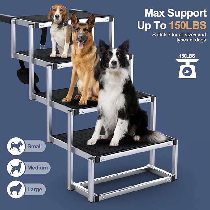 Dog Stairs for Car, Foldable Dog Ramp for Car with Non-Slip Surface, Portable Stairs Aluminum SUV, High Beds, Truck, Supports up to 150 lbs, 4 Steps