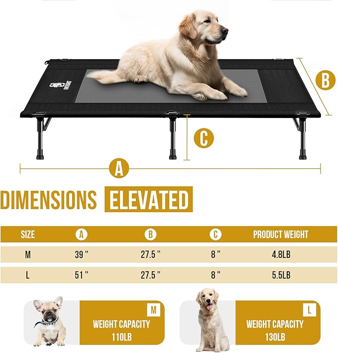 ONETIGRIS Elevated Dog Bed for Large Dogs, Outdoor Dogs Cod Large Raised Dog Bed with Chew Proof Mesh, No-Slip Portable Bed for Indoor & Outdoor Portable