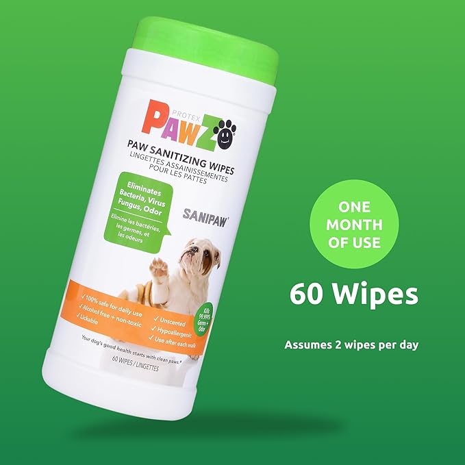 Protex PawZ SaniPaw Odor Eliminating Dog Paw Wipes (60 Wipes) Cleansing Dog Grooming Wipes, Simple & Safe Lickable Ingredients - Paw Cleaner for Dogs, Pet Wipes