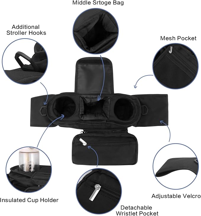 Dog Stroller Bag with Shoulder Strap, Universal Dog Stroller Caddy Organizer with Poop Bag Dispenser, Water Bowl, Insulated Cup Holders and Treat Pocket