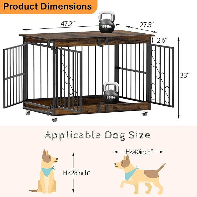 COZPAW Dog Crate Furniture, 48 Inch Dog Crates for Medium/Large Breed, Farmhouse Wood Metal Kennel Indoor Heavy Duty Pet Cage with Caster Wheels (Brown)