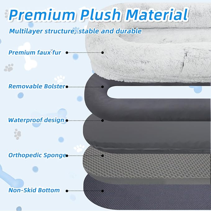 Human Dog Bed - 71"x45"x12" Fits You & Pets, Washable Faux Fur, Orthopedic, Plump Pillow, Blanket, Strap - Grey