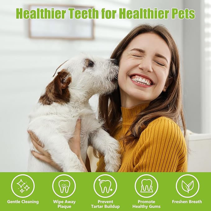 Pet Dental Care Finger Wipes, 60 Counts Teeth Cleaning Finger Wipes for Dogs & Cats, Reduces Plaque & Tartar Disposable Gentle Cleaning & Gum Care Pet Wipes