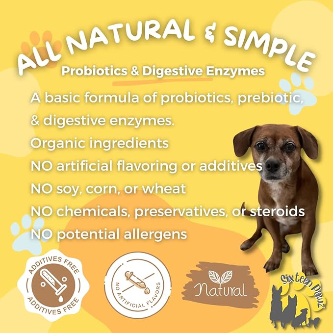 Dog & Cat Probiotics, Prebiotics, & Digestive Enzymes – Flavorless Powder for Gut Health, Allergies, Itchy Skin, Gas & Diarrhea – Organic, Vet-Approved – 65g Bottle (Up to 65 Servings)