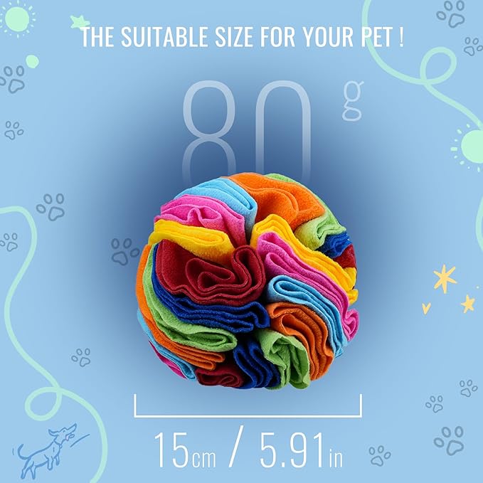 Pet Snuffle Ball, Puzzle Sniffing Interactive Dog Ball for Blind Dogs Training Stress Relief Dog Enrichment Toys Treat Machine Washable (15cm, Rainbow Color Upgrade)