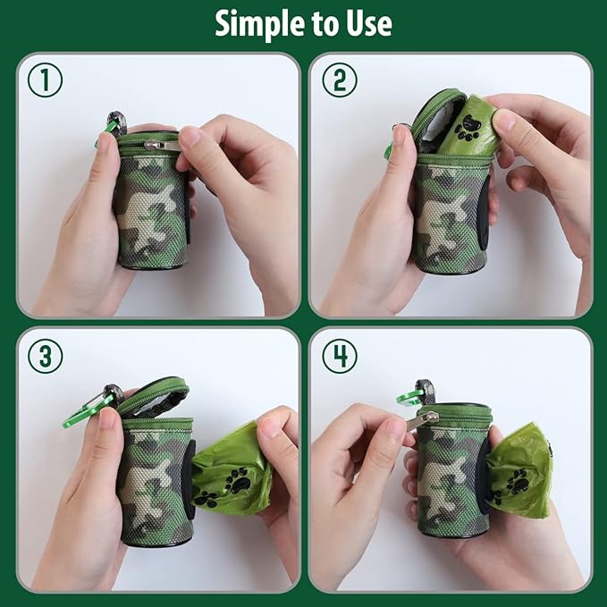 Dog Poop Bag Holder for Leash Doggie Waste Bag Dispenser Puppy Potty Carrier Small Doggy Zipper Pouch with Carabiner Clip 1680D Nylon Oxford with 1 Roll of Pet Trash Bags, Woodland Camo