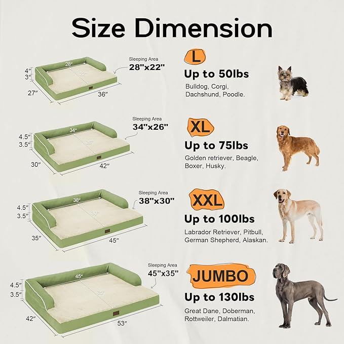 Large Dog Bed Orthopedic Washable - Beds Bolster - Extra Large Big Dogs - Memory Foam Couch Sofa - Waterproof with Removable Cover - Grass Green Dog Bed
