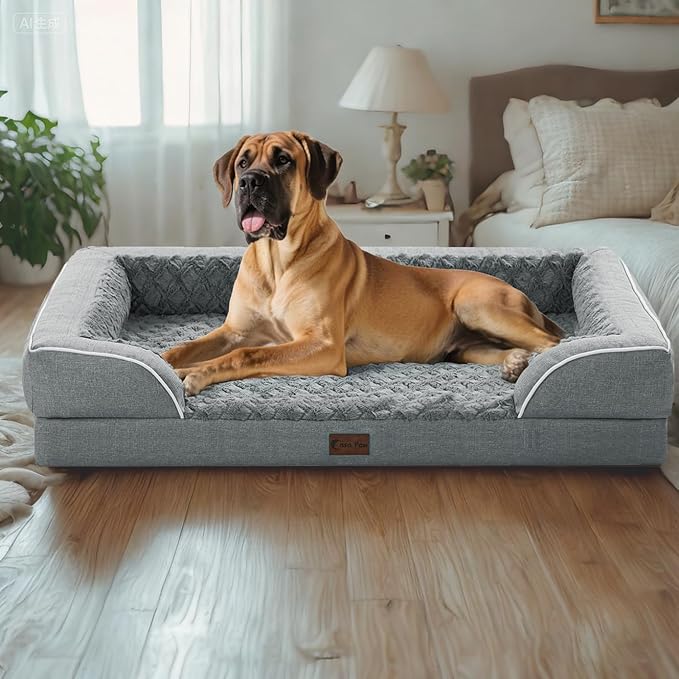 Orthopedic XXL Dog Bed for Extra Large Dogs, Waterproof Memory Foam Dogs Bed with Sides, Egg-Crate Foam and Non-Slip Bottom Big Dog Couch Bed with Washable Removable Cover(XX-Large,Grey)