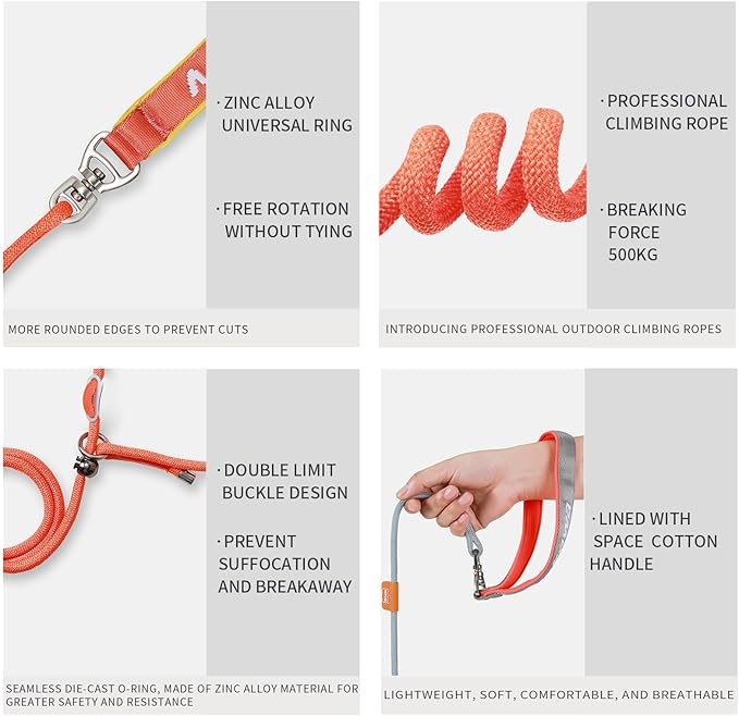 Dog Anti-Slip Leash 5FT with Metal Stopper - Durable No-Pull Training Lead for Small, Medium & Large Dogs - Comfortable Handle Nylon Rope, Tangle-Free Pet Walking Leash (Orange, 5 FT)