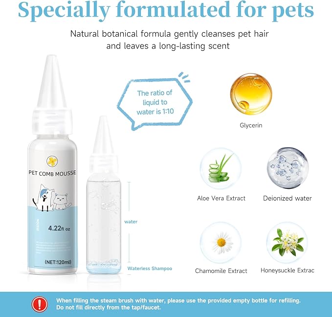 3-in-1 Pet Steam Brush Set for Dogs & Cats, Grooming Comb with Spray, Defur Tool, Water-Assisted Hair Removal, Gentle Cat & Dog Spritz Brush, Multi-Purpose Steam Grooming Kit