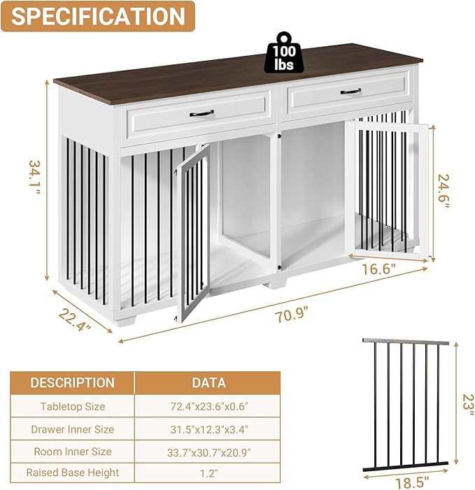 Large Dog Crate with Double Rooms, 72" Heavy Duty Wooden Dog Cage Furniture Dog Crate Kennel with Drawers & Removable Divider,Indoor Luxury Dog House for Large Dogs,White