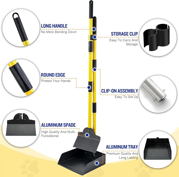 Pooper Scooper for Large Dogs, Adjustable Long Handle Metal Tray and Spade Poop Scooper for Dogs with Bin for Pet Waste Removal, No Bending Clean Up Pooper Scooper for Medium and Large Dogs