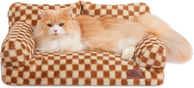 Hollypet Fluffy Plush Dog Cat Pet Couch Soft Calming Sofa Bed for Medium Small Cats and Dogs, Brown and Light Yellow