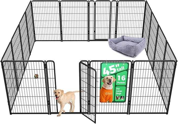 FXW Homeplus Unleashed Indoor Dog Playpen - Stress-Free and Safe Play, Heavy Duty 45 Inch 16 Wire Panels Dog Pen for Large Dogs, Black│Patented