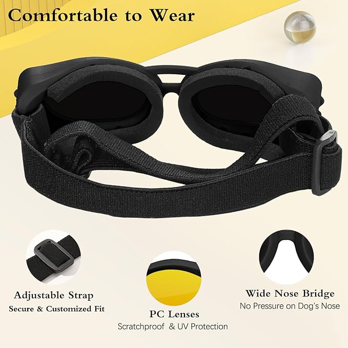 Small Dog Goggles, UV/Wind/Dust/Fog Proof Sunglasses for Outdoor Activities, Black