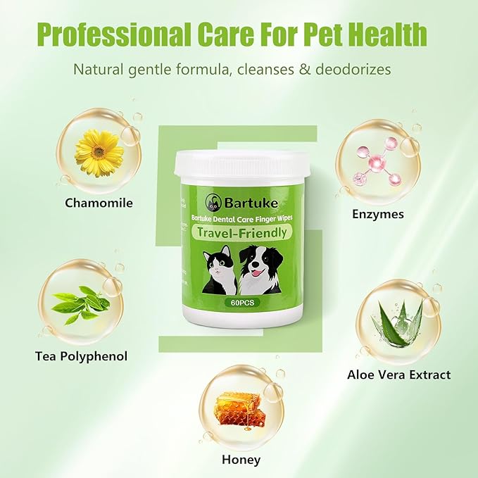Pet Dental Care Finger Wipes, 60 Counts Teeth Cleaning Finger Wipes for Dogs & Cats, Reduces Plaque & Tartar Disposable Gentle Cleaning & Gum Care Pet Wipes