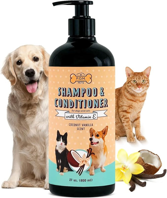 POM Pets 2-in-1 Organic Dog Shampoo & Conditioner – Itchy Skin Relief, Dog Deshedding, Detangles Fur, Cat Shampoo, Paw Cleaner for Dogs, Natural Coat Defense Formula