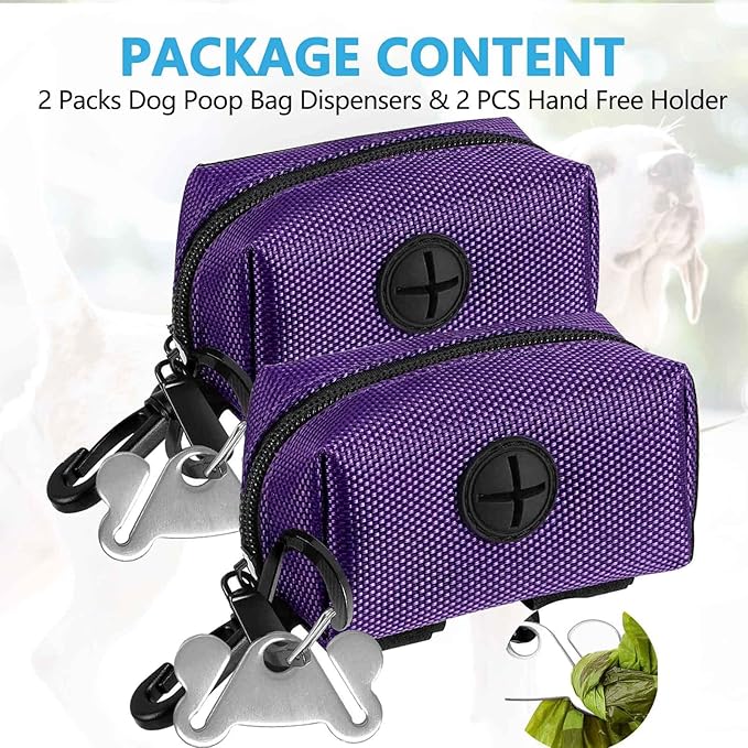 Dog Waste Bag Dispenser Pet Poop Bags Holder for Doggie Waste Bags Dispensers Soft Fabric Zipper Small Doggy Puppy Pouch for Leash Accessory Attachment with Carrier,2PCS Purple