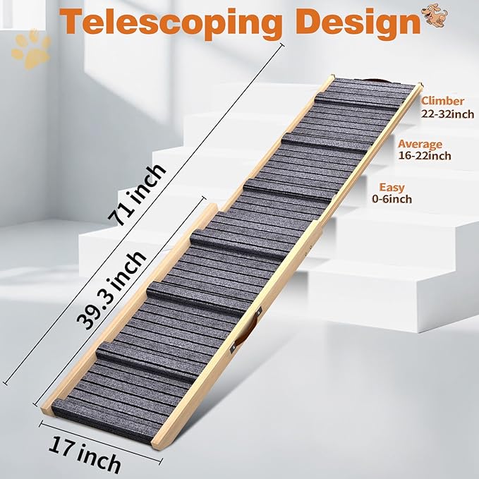 Dog Ramp for Car, 71''x 17'' Extra Long Deluxe Telescoping Design Wooden Pet Ramp, Pet Stair Ramps for Truck SUV with Non-Slip Surface, Portable Outdoor Dog Steps for Medium Large Dogs, Up to 250LBS