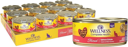 Wellness Complete Health Sliced Adult Wet Cat Food, Natural, Protein-Rich, Grain Free, 5.5 Ounce, 24 Pack, (Salmon Entrée)