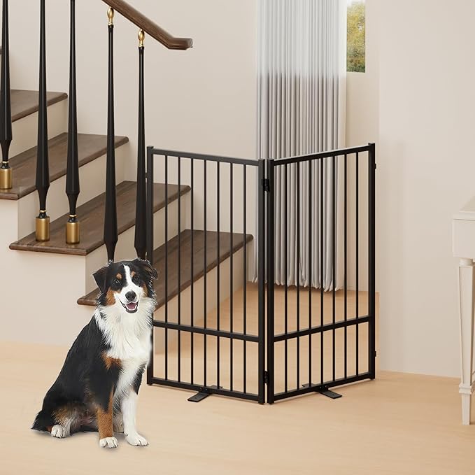 Full Metal Freestanding Dog Gate with Door, 36''Height Foldable Pet Dog Fence for Indoor & Outdoor, 2 Panels Extra Wide Free Standing TallDog Gates for Doorways,House,Stairs,Porch,Deck,Yard