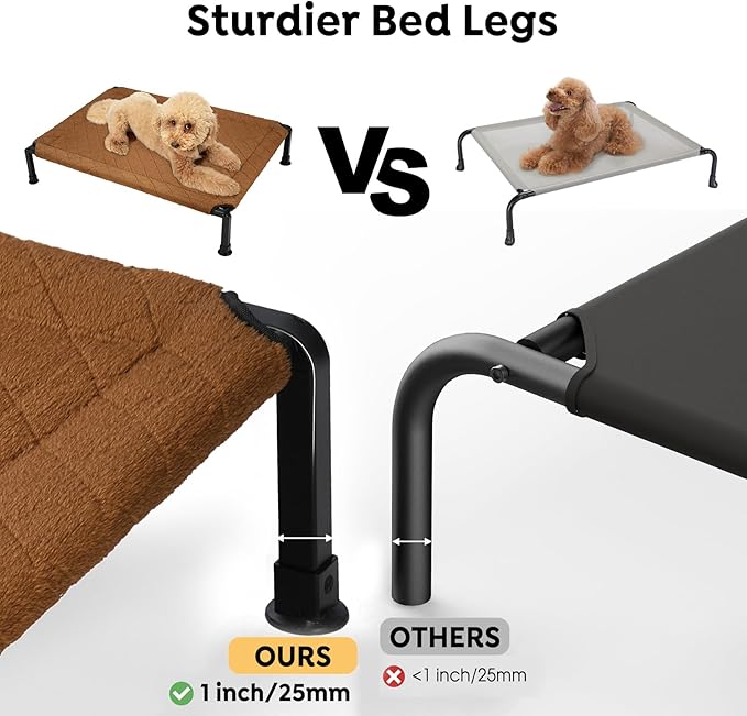 Veehoo Soft Plush Elevated Dog Bed, Raised Dog Beds with Heavy Duty Frame, Non-Slip Silicon Feet, Washable & Breathable Pet Cot for Indoor or Outdoor Use, 41" x 27", Brown, CWC2432A