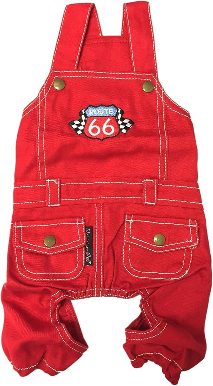Parisian Pet Denim Overall w/ Embroidered Route 66 ' Red Dog Jumpsuit - Breathable, Machine Washable Dog Outfit - Large Dog, 2XL
