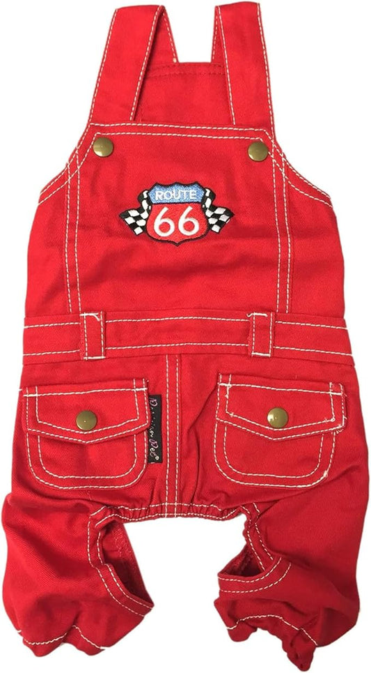 Parisian Pet Denim Overall - Embroidered Route 66 ' Red Jumpsuit - Breathable & Washable Dog Outfit - Dog Overalls XL