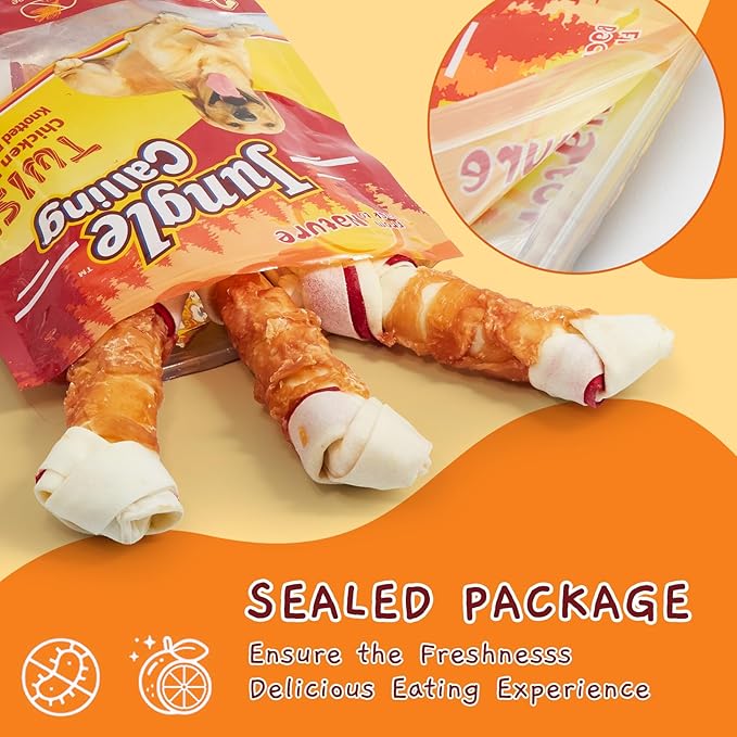 Jungle Calling Chicken Wrap Knotted Bones Dog Chews, Long Lasting Beefhide Treats Real Rawhide Bones for Large Dogs Edible Training Treats