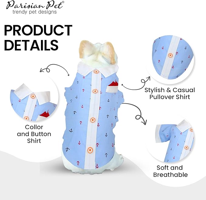 Parisian Nautical Dog Shirt - 100% Cotton Anchor Clothes - Blue and White Costume for Large Dogs