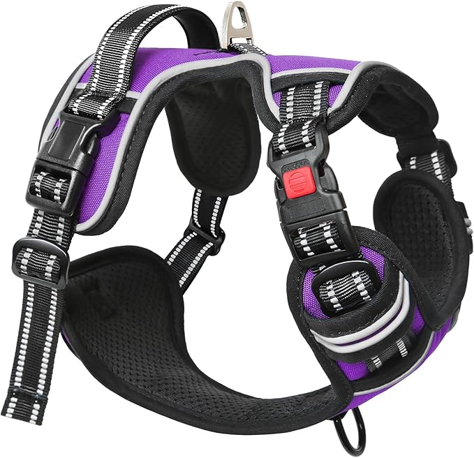 Timos Dog Harness Large Sized, No Pull with Neck Lockable Snap,No Choke Front Clip Dog Reflective Harness,Adjustable Metal Rings 3 Buckles,Easy Control Handle for Large Dogs Purple XL