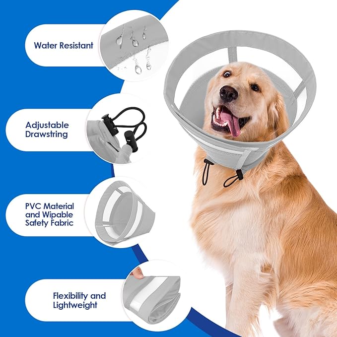 SAWMONG Soft Dog Cone for Large Dogs, Adjustable Pet Recovery Collar to Stop Licking, Comfy Elizabeth E-Collar for Dogs After Surgery Alternative (L,Grey)