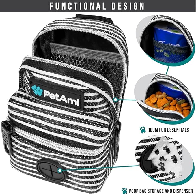 PetAmi Dog Poop Bag Holder for Leash, Dog Pet Waste Bag Dispenser For Poop With Clip, Doggy Puppy Walking Accessories Travel Camping, Dog Treat Pouch Supplies Must Have With Dog Bag Roll, Stripe Black
