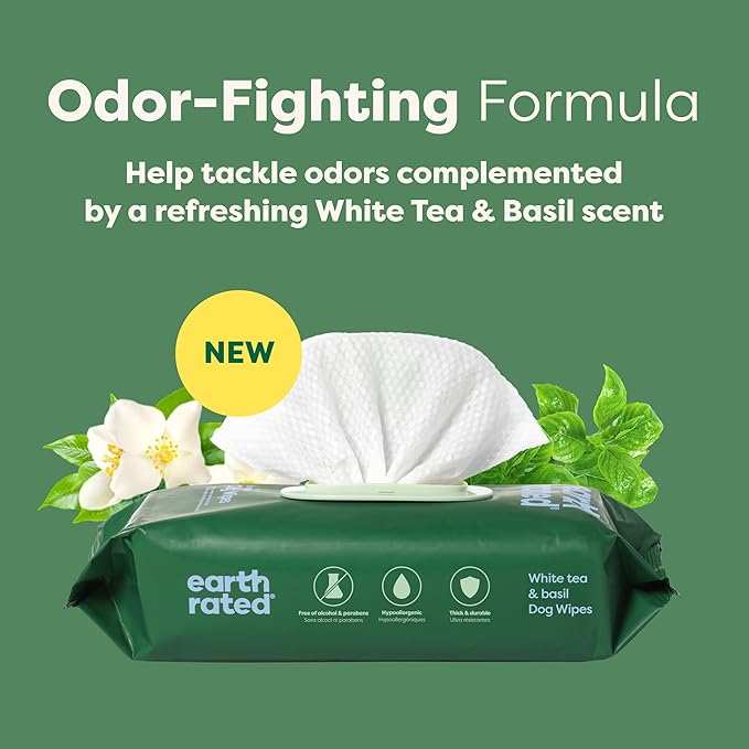 Earth Rated Pet Wipes for Dogs and Cats, Hypoallergenic, 3-in-1 Cleaning, Deodorizing and Hydrating, for Grooming Paws, Body and Butt, New White Tea and Basil Scent, 400 Count