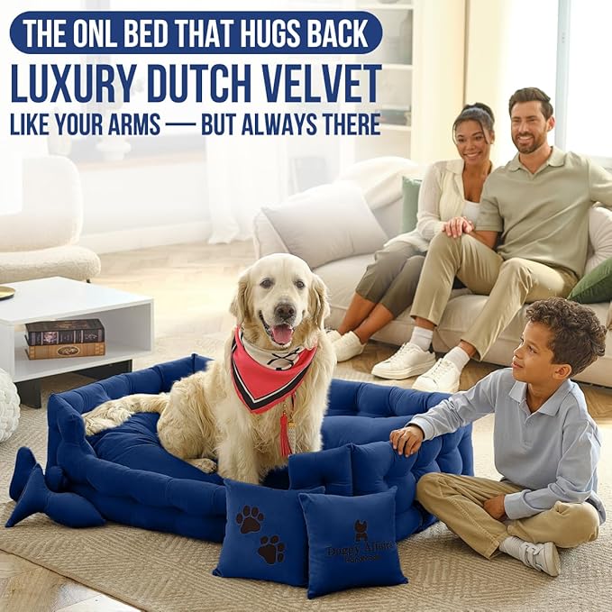 Luxury Dog Bed Chesterfield – Handcrafted Velvet Throne for Dogs | Joint Support, Calming & Temp-Regulating Comfort | Durable 5+ Years, Anti-Claw, Washable 100+ Times – XL, Blue