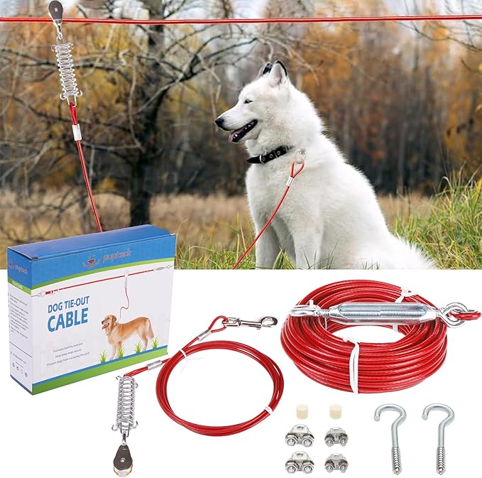 PUPTECK Outdoor Dog Run Cable for Small to Large Dogs up to 125lbs, Heavy Duty Tie Out Cable Trolley System with Runner Pulley Cable Zip Line for Yard, Camping, Long Lead Chain Leash