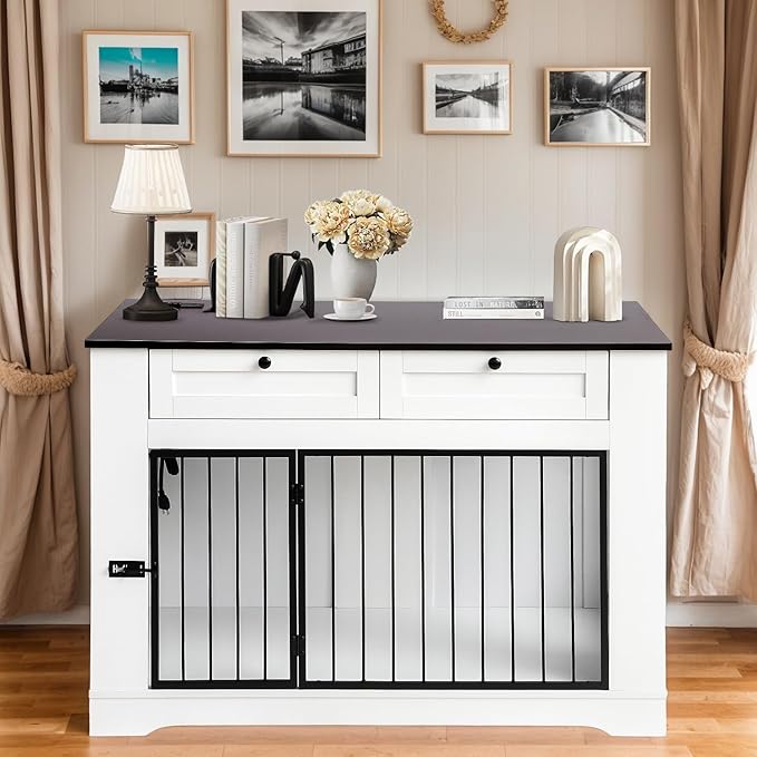 Large Dog Crate Furniture-Decorative Heavy Duty Dog Cage Indoor, Wooden Dog Cage End Table with Charging Station, Dog House with 2 Drawers (White, 47.2''L)